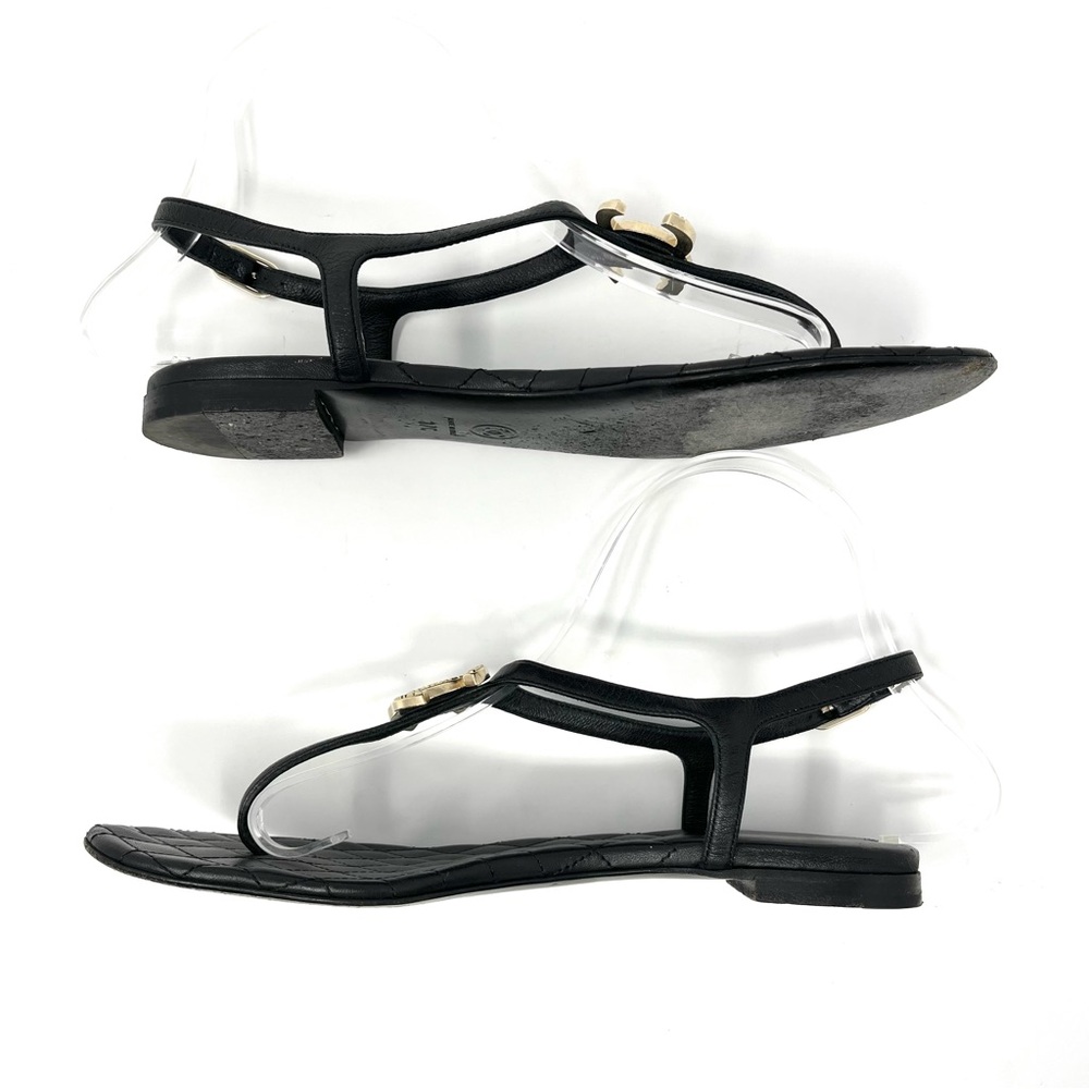 Chanel CC Logo Quilted Flat Thong T Strap Day Sandals Shoes Black Gold 37 6 6.5 - Picture 6 of 12